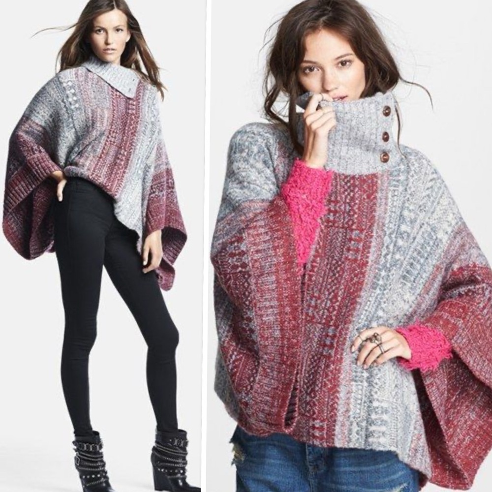 WT Free People Willow Poncho Sweater Pullover Cowl Neck Red Combo Size XS